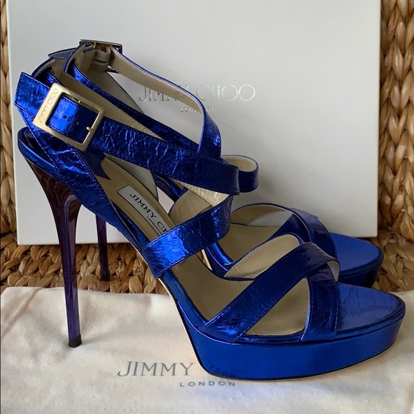 NIB Jimmy Choo Blue Metallic Leather Platform 41 - Picture 2 of 8
